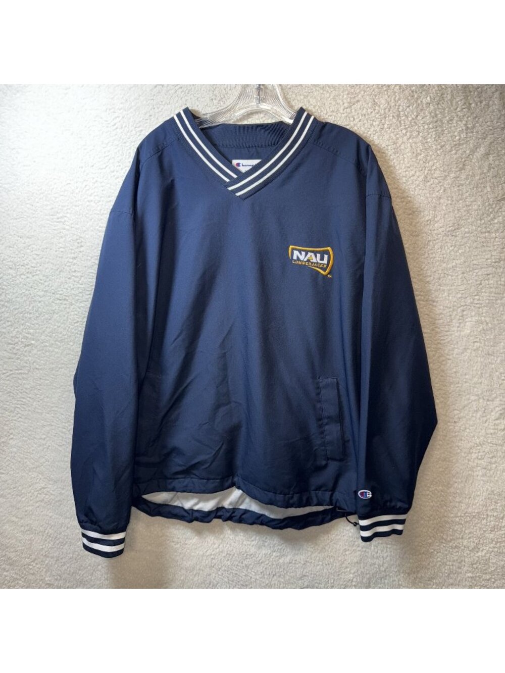 Champion NAU Lumberjacks Navy Pullover Jacket Large V-Neck Striped Trim